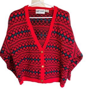 Vtg 80s 90s Cardigan Knit Knit Red Blue Grandpacore Grandmacore M Shoulder Pads